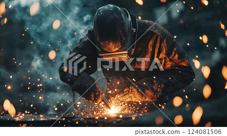 A skilled welder in protective gear works intensely in a dark workshop, sparks flying from the metal. The dramatic contrast of light and smoke highlights the dynamic process of metalworking and 124081506