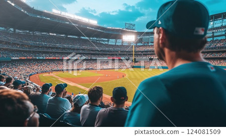 A thrilling baseball game in progress in a packed stadium, with spectators cheering and a bright sky overhead. The energy of the crowd and the excitement of the game create an electric atmosphere 124081509