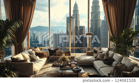 A spacious and stylish living room with a panoramic view of a city skyline. The modern decor and large windows offer a luxurious, relaxed atmosphere with a touch of nature inside A spacious and stylish living room with a panoramic view of a city skyline. The modern decor and large windows offer a luxurious, relaxed atmosphere with a touch of nature inside 124081520