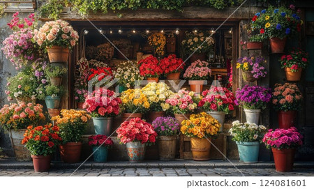 A beautiful flower shop displaying vibrant and colorful roses in various hues, filling the space with a fragrant and picturesque scene that reflects the beauty of nature 124081601