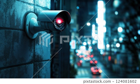 A close-up of a CCTV camera mounted on a wall, glowing red at night with a blurred cityscape background. This captures the essence of modern surveillance in urban environments 124081602