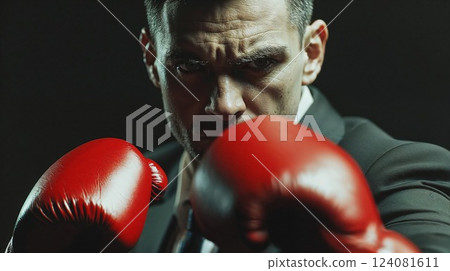 A focused boxer in a suit, wearing red boxing gloves, ready for a match, exuding strength and determination in the darkened gym environment with dramatic lighting 124081611