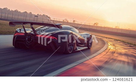 A sleek, high-performance car speeds around a racetrack as the sun sets. The carbon fiber body, large rear wing, and low profile enhance its aerodynamic design, epitomizing speed and precision in the A sleek, high-performance car speeds around a racetrack as the sun sets. The carbon fiber body, large rear wing, and low profile enhance its aerodynamic design, epitomizing speed and precision in the 124081621