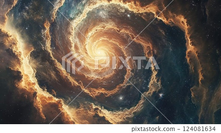 mesmerizing view of a distant spiral galaxy, with swirling clouds of cosmic dust and stars. The intense orange and blue hues create a spectacular visual, capturing the vastness and beauty of the 124081634