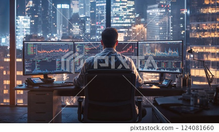 A professional financial analyst or stock trader sits at his desk, analyzing real-time market data across multiple screens in a high-rise office. The city lights outside add to the intense work A professional financial analyst or stock trader sits at his desk, analyzing real-time market data across multiple screens in a high-rise office. The city lights outside add to the intense work 124081660