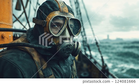 A diver in a vintage diving suit with an oxygen mask stands in the midst of a tumultuous sea, capturing the thrilling and dangerous essence of deep-sea exploration in challenging conditions A diver in a vintage diving suit with an oxygen mask stands in the midst of a tumultuous sea, capturing the thrilling and dangerous essence of deep-sea exploration in challenging conditions 124081666