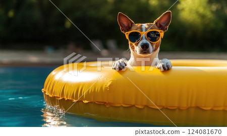 A small dog wearing yellow sunglasses lounges on a bright inflatable raft in a swimming pool, enjoying the sunny day with an adorable and relaxed expression. A fun and cheerful summer moment 124081670