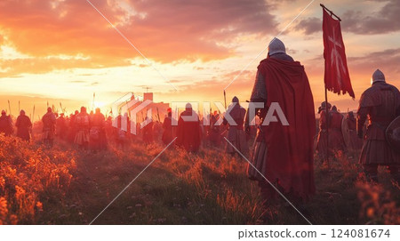 A medieval battle scene at sunset with knights in armor, holding spears and banners. The vibrant sky adds a dramatic touch to this epic historical moment, filled with movement and energy 124081674