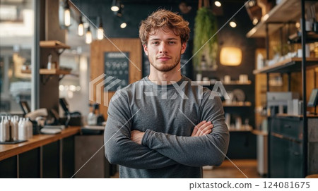 A young man stands confidently with his arms crossed in a cozy, modern coffee shop, exuding a relaxed and friendly vibe. The warm interior light highlights his confident expression and youthful energy 124081675