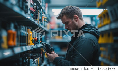 A man shops for a tool in a well-lit hardware store, browsing a wide selection of equipment. His focused expression and the neatly organized shelves of tools create an ideal scene for DIY enthusiasts A man shops for a tool in a well-lit hardware store, browsing a wide selection of equipment. His focused expression and the neatly organized shelves of tools create an ideal scene for DIY enthusiasts 124081676