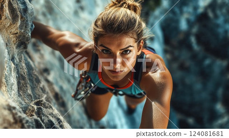 A determined female rock climber ascends a cliff, muscles toned and focused as she navigates the challenging rocky surface, embodying strength, endurance, and adventure in a breathtaking natural 124081681