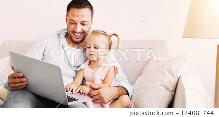 Parental Control, Keep Yor Children Safe Online. Father with his daughter using laptop. Copy space 124081744