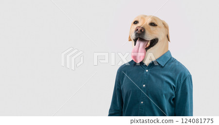 A playful representation features a dog head seamlessly blended with a human body dressed in a button-up shirt. The figure stands upright, exuding joy with its tongue out and a cheerful demeanor. 124081775