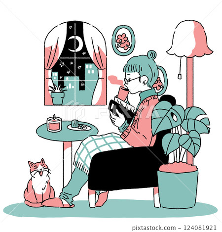 晚上在室內看書的女人，彩色，透明 124081921