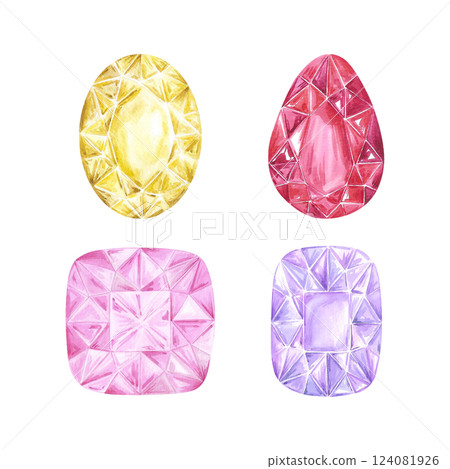 Hand drawn watercolor gemstones isolated on white background. Can be used for cards, label and other printed products. Hand drawn watercolor gemstones isolated on white background. Can be used for cards, label and other printed products. 124081926