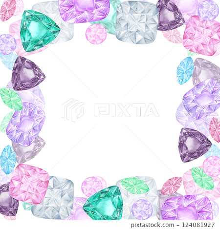 Hand drawn watercolor gemstones frame border isolated on white background. Can be used for cards, scrapbook and other printed products. Hand drawn watercolor gemstones frame border isolated on white background. Can be used for cards, scrapbook and other printed products. 124081927