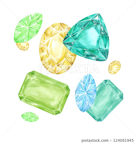 Hand drawn watercolor gemstones composition. Aquamarine zircon peridot isolated on white background. Can be used for cards, label and other printed products. 124081945