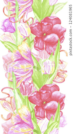 Hand drawn watercolor colorful tulips vertical seamless border. Illustration of spring flowers isolated on white background. Can be used for textile, fabric, wrapping and other printed products. Hand drawn watercolor colorful tulips vertical seamless border. Illustration of spring flowers isolated on white background. Can be used for textile, fabric, wrapping and other printed products. 124081965