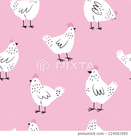Seamless pattern with funny chickens, cocks for wrapping paper, textile, fabric. Perfect for kitchen prints Seamless pattern with funny chickens, cocks for wrapping paper, textile, fabric. Perfect for kitchen prints 124081995