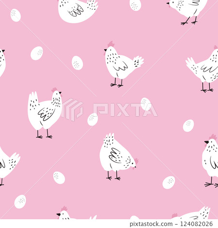 Seamless pattern with funny chickens, cocks and eggs for wrapping paper, textile, fabric. Perfect for kitchen prints 124082026