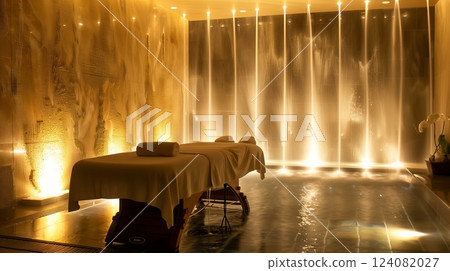 A luxurious spa room softly lit to highlight an elegant massage table and serene indoor fountains for relaxation. 124082027