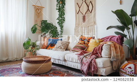 A bohemian living room with vibrant textiles and lush plants boasts cozy, eclectic vibes, creating a unique ambiance. 124082038