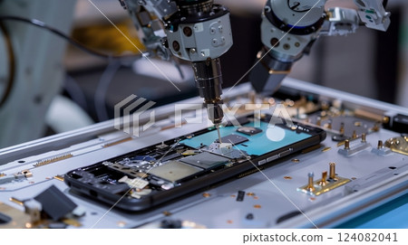Close-up of a robotic arm disassembling a smartphone, showcasing precision in electronics recycling. Close-up of a robotic arm disassembling a smartphone, showcasing precision in electronics recycling. 124082041