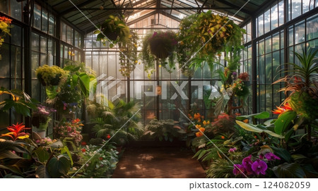 A whimsical greenhouse filled with exotic plants and flowers is bathed in soft, warm light. 124082059