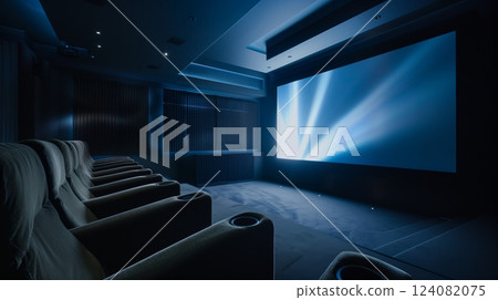 A high-tech home theater features plush seating and a massive screen, enhancing the cinematic experience. A high-tech home theater features plush seating and a massive screen, enhancing the cinematic experience. 124082075