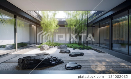 A serene Zen garden features minimalist rocks and bamboo, creating a calm, meditative atmosphere. 124082085