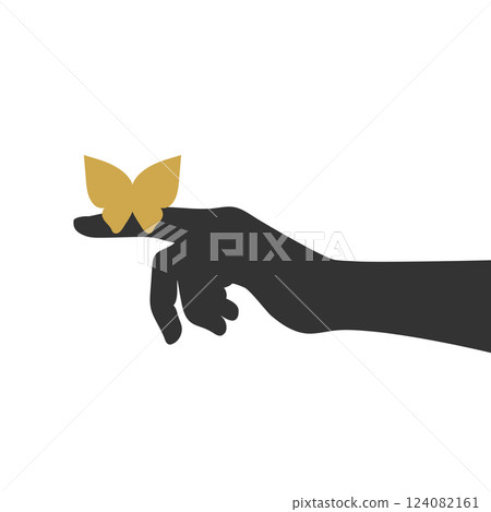 Silhouette of golden butterfly sitting on a finger. Human hand and butterfly silhouettes. Minimalist art background. Vector illustration Silhouette of golden butterfly sitting on a finger. Human hand and butterfly silhouettes. Minimalist art background. Vector illustration 124082161