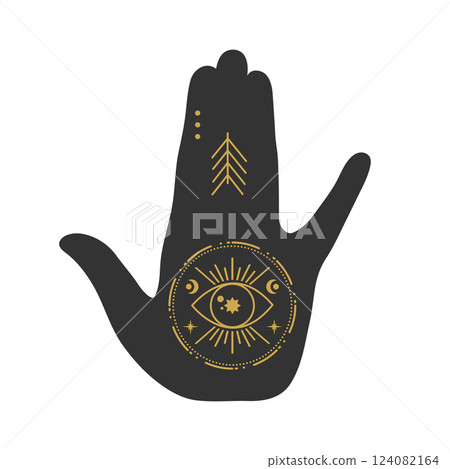 Silhouette of a hand with a sacred all seeing eye symbol. Mystical celestial boho concept. Vector illustration Silhouette of a hand with a sacred all seeing eye symbol. Mystical celestial boho concept. Vector illustration 124082164