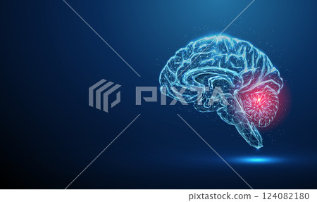 Abstract blue brains with red spot. Brains deseases, medical treatment, cerebellar disorders concept. Low poly style. Abstract blue brains with red spot. Brains deseases, medical treatment, cerebellar disorders concept. Low poly style. 124082180