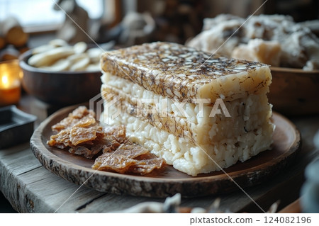 Greenlandic mattak, whale skin with blubber, arranged on a wooden plate, accompanied by small slices of dried fish, served with traditional Arctic decorations in the background, bright natural 124082196