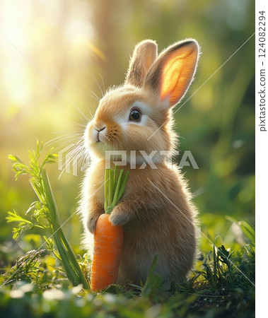 Adorable Bunny Rabbit Sitting in Grassy Meadow with Carrot Adorable Bunny Rabbit Sitting in Grassy Meadow with Carrot 124082294