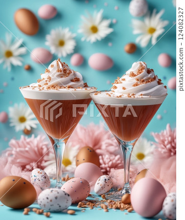 Exquisite Chocolate Mousse Desserts with Colorful Easter Eggs and Flowers on Pastel Background 124082327