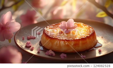 Exquisite Crme Brle with Caramelized Topping and Delicate Floral Garnish 124082328