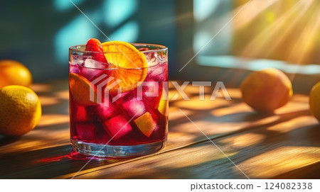 Refreshing Sangria Cocktail with Citrus Garnish on Rustic Wooden Table 124082338