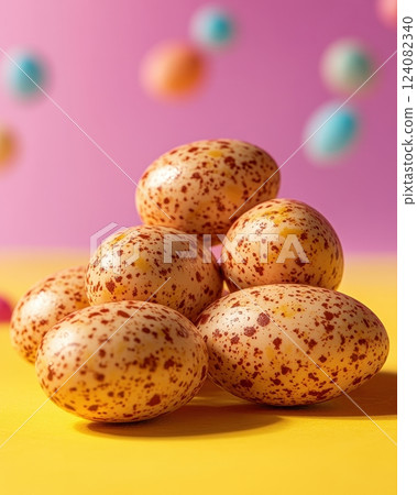 Spotted Easter Eggs on Vibrant Pastel Backdrop for Holiday and Commercial Design 124082340
