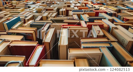 Stacked books in a crowded arrangement, showcasing their spines and covers in various colors and sizes, representing a rich collection of knowledge and literature 124082513