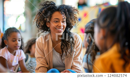 A youth activist mentors girls at a community center, sharing stories and advice to inspire their future. A youth activist mentors girls at a community center, sharing stories and advice to inspire their future. 124082574
