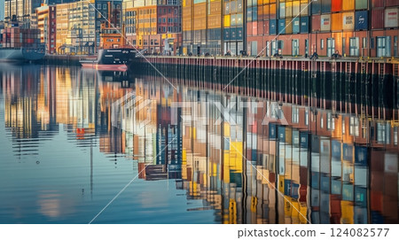 A picturesque waterfront warehouse with buildings mirrored in serene waters; vibrant ships and containers docked. 124082577