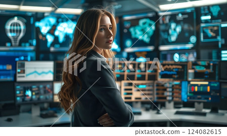 A composed woman in business attire handles a crisis in a high-tech control room, showing leadership and poise. 124082615