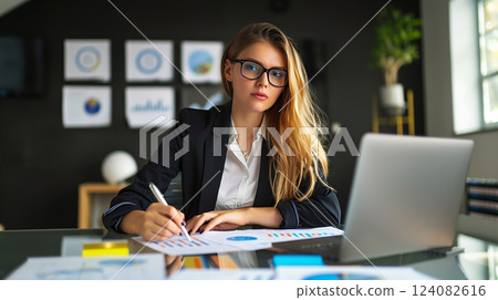 A sophisticated woman meticulously analyzes financial charts and reports at her modern office desk. 124082616