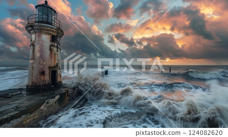 Abandoned lighthouses stand resilient by rough seas under stormy clouds, whispering mariner tales. 124082620