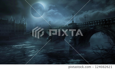 Gothic bridges arch over dark rivers, their silhouettes shadowed by an eerie, eclipsed moon. 124082621