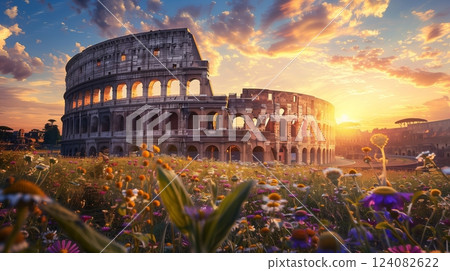 Roman coliseums bask in sunset light as vibrant wildflowers bloom in the foreground, enhancing the scene. 124082622