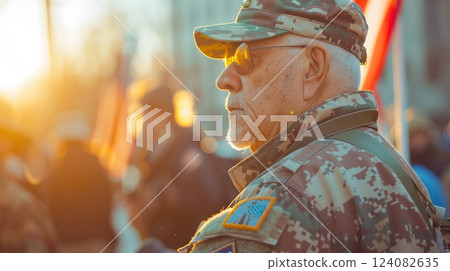 A retired soldier peacefully demonstrates for veterans' rights, symbolizing advocacy and unity. 124082635