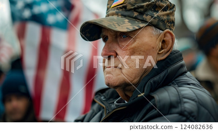 A retired soldier leads a peaceful veterans' rights demo, exuding purpose and inspiring all with their resolve. 124082636