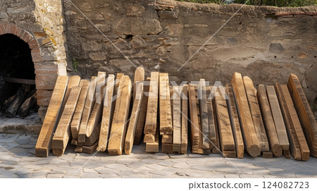 Twenty-five unedged boards await crafting in front of an old charcoal kiln, ready for transformation. 124082723
